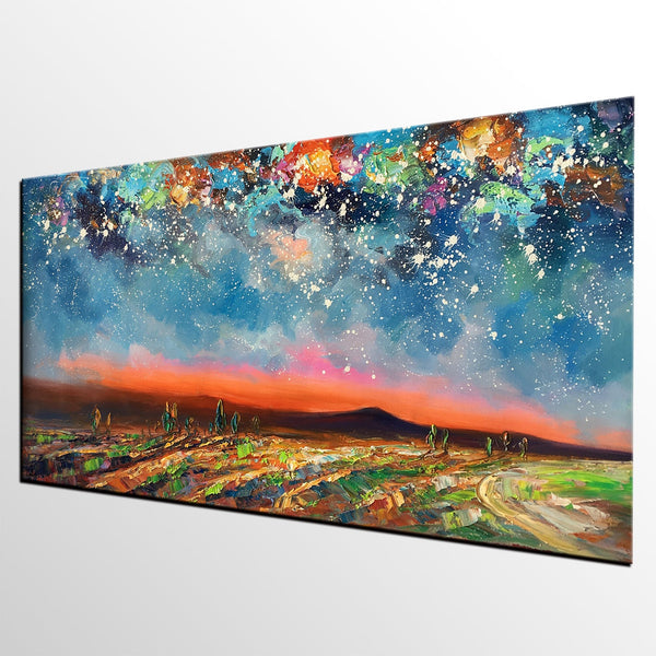 Starry Night Sky Painting, Custom Landscape Painting, Canvas Painting for Bedroom-Paintingforhome