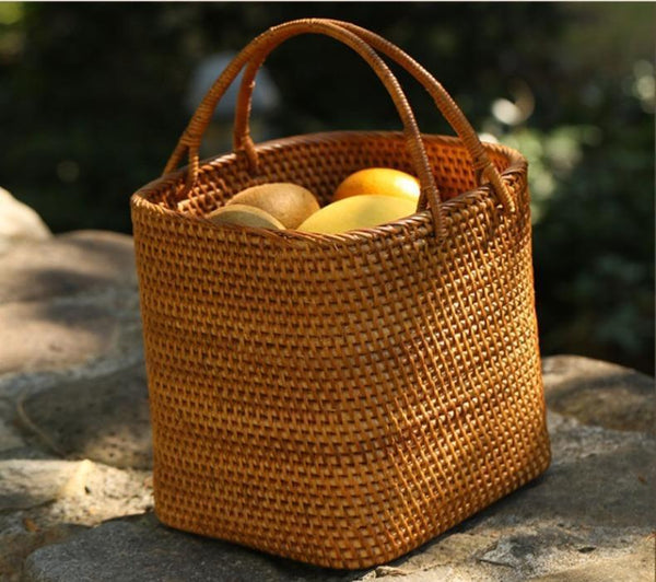 Woven Rattan Storage Basket with Handle, Storage Basket for Picnic, Fruit Storage Basket, Kitchen Storage Basekt-Paintingforhome