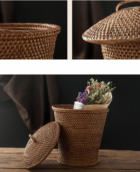 Indonesia Hand Woven Storage Basket with Cover, Natural Fiber Basket, Small Rustic Basket-Paintingforhome