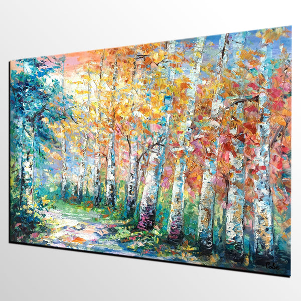 Landscape Painting, Canvas Painting, Birch Tree, Custom Large Abstract Art, Heavy Texture Art-Paintingforhome