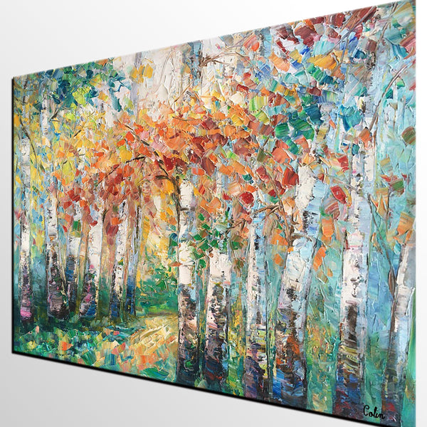 Autumn Birch Tree Painting, Heavy Texture Canvas Painting, Abstract Landscape Painting, Custom Canvas Painting for Dining Room-Paintingforhome