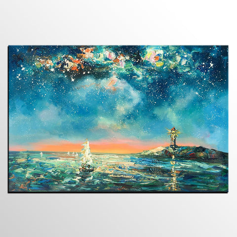 Canvas Painting, Abstract Art, Starry Night Light House Painting, Custom Landscape Wall Art, Original Painting-Paintingforhome
