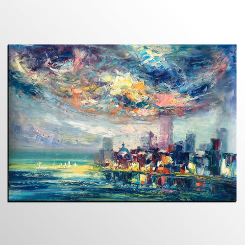 Cityscape Painting, Oil Painting on Canvas, Custom Landscape Canvas Painting, Heavy Texture Wall Art Paintings-Paintingforhome
