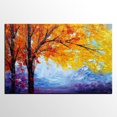 Autumn Tree Painting, Autumn Paintings, Original Landscape Oil Paintings, Custom Art, Canvas Painting for Living Room-Paintingforhome