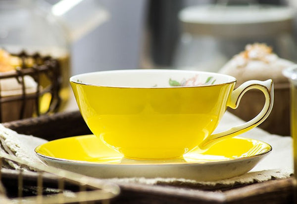 Elegant Yellow Ceramic Cups, Unique Royal Coffee Cup and Saucer, Beautiful British Tea Cups, Creative Bone China Porcelain Tea Cup Set-Paintingforhome