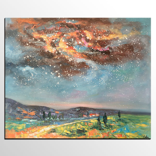 Landscape Oil Painting, Starry Night Sky Painting, Heavy Texture Painting, Custom Abstract Painting-Paintingforhome