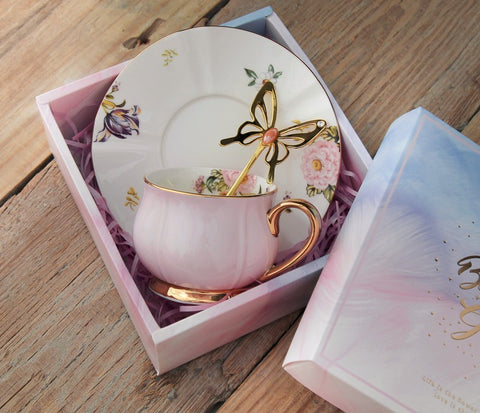 Unique Coffee Cup and Saucer in Gift Box as Birthday Gift, Elegant Pink Ceramic Cups, Beautiful British Tea Cups, Creative Bone China Porcelain Tea Cup Set-Paintingforhome