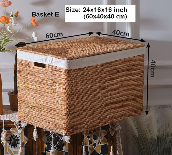 Oversized Storage Baskets for Bedroom, Rectangular Woven Storage Baskets for Clothes, Large Rectangular Storage Basket with Lid, Rattan Storage Case-Paintingforhome