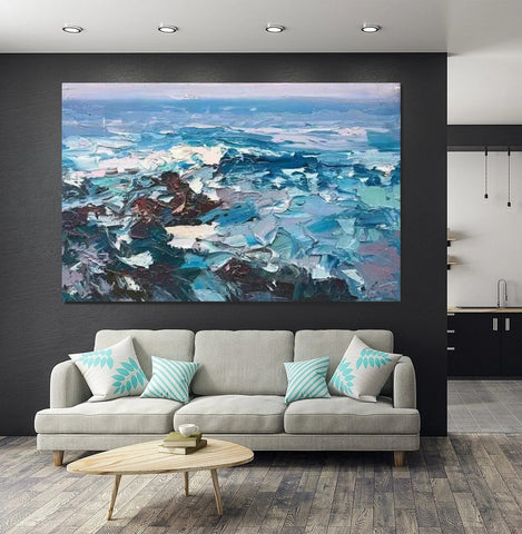 Landscape Canvas Paintings, Seascape Painting, Acrylic Paintings for Living Room, Abstract Landscape Paintings, Seascape Big Wave Painting, Heavy Texture Canvas Art-Paintingforhome