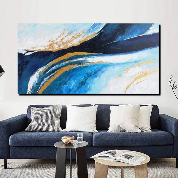 Living Room Wall Art Paintings, Blue Acrylic Abstract Painting Behind Couch, Large Painting on Canvas, Buy Paintings Online, Acrylic Painting for Sale-Paintingforhome