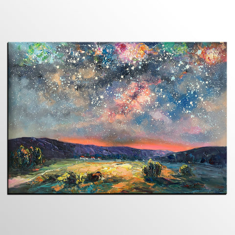Abstract Landscape Painting, Starry Night Sky Painting, Heavy Texture Painting, Impasto Painting, Custom Wall Art Paintings for Living Room-Paintingforhome