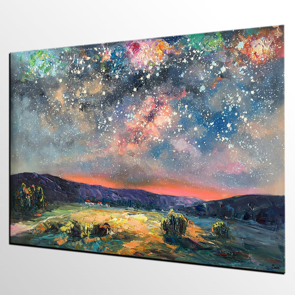 Abstract Landscape Painting, Starry Night Sky Painting, Heavy Texture Painting, Impasto Painting, Custom Wall Art Paintings for Living Room-Paintingforhome