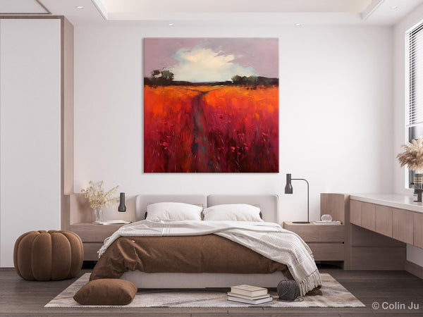 Landscape Canvas Paintings, Acrylic Abstract Art on Canvas, Red Poppy Flower Field Painting, Landscape Acrylic Painting, Living Room Wall Art Paintings-Paintingforhome