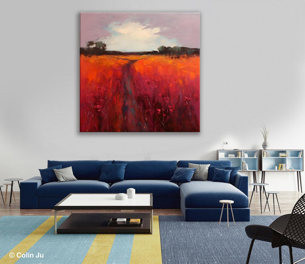 Landscape Canvas Paintings, Acrylic Abstract Art on Canvas, Red Poppy Flower Field Painting, Landscape Acrylic Painting, Living Room Wall Art Paintings-Paintingforhome