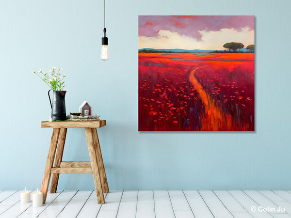 Original Hand Painted Wall Art, Landscape Paintings for Living Room, Abstract Canvas Painting, Abstract Landscape Art, Red Poppy Field Painting-Paintingforhome