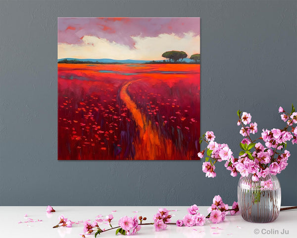 Original Hand Painted Wall Art, Landscape Paintings for Living Room, Abstract Canvas Painting, Abstract Landscape Art, Red Poppy Field Painting-Paintingforhome