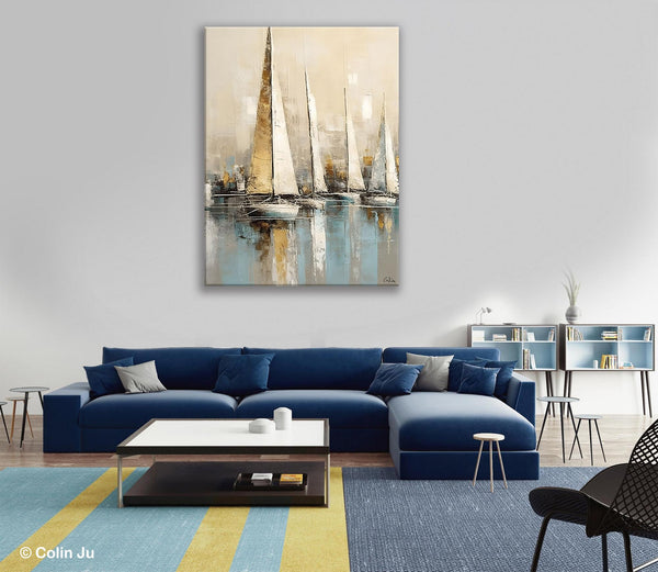 Modern Abstract Wall Art Paintings, Large Original Canvas Art for Bedroom, Large Painting Ideas for Living Room, Sail Boat Canvas Painting-Paintingforhome