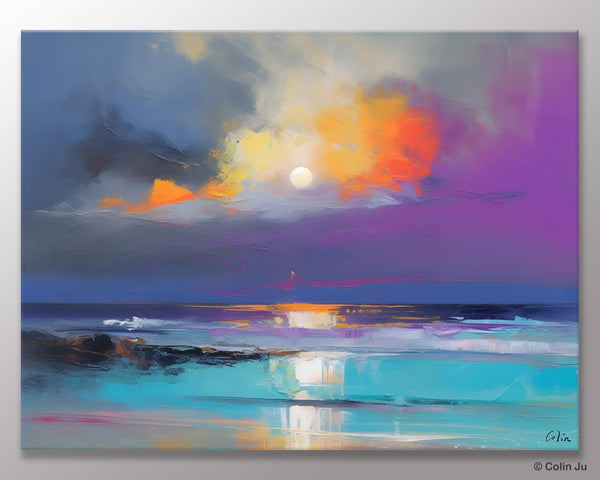 Landscape Painting on Canvas, Hand Painted Canvas Art, Moon Rising from Sea, Contemporary Wall Art Paintings, Extra Large Original Art-Paintingforhome