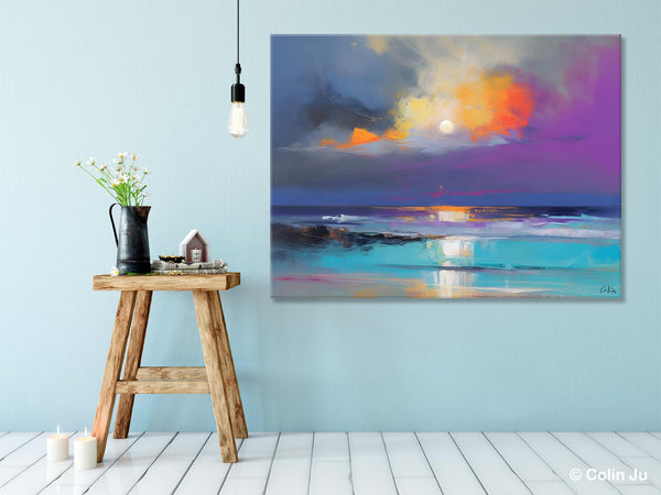 Landscape Painting on Canvas, Hand Painted Canvas Art, Moon Rising from Sea, Contemporary Wall Art Paintings, Extra Large Original Art-Paintingforhome
