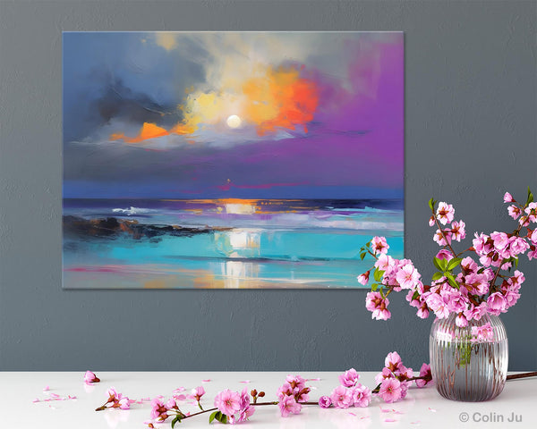 Landscape Painting on Canvas, Hand Painted Canvas Art, Moon Rising from Sea, Contemporary Wall Art Paintings, Extra Large Original Art-Paintingforhome