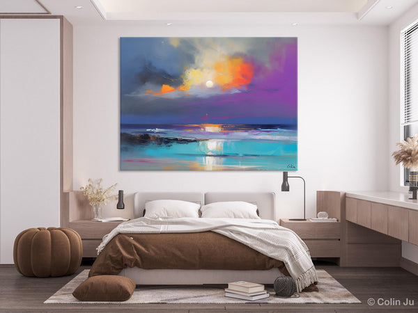 Landscape Painting on Canvas, Hand Painted Canvas Art, Moon Rising from Sea, Contemporary Wall Art Paintings, Extra Large Original Art-Paintingforhome