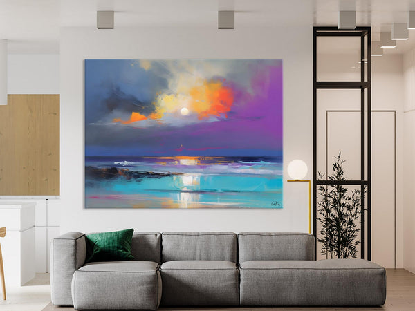 Landscape Painting on Canvas, Hand Painted Canvas Art, Moon Rising from Sea, Contemporary Wall Art Paintings, Extra Large Original Art-Paintingforhome