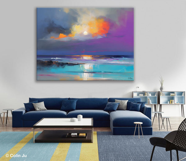 Landscape Painting on Canvas, Hand Painted Canvas Art, Moon Rising from Sea, Contemporary Wall Art Paintings, Extra Large Original Art-Paintingforhome