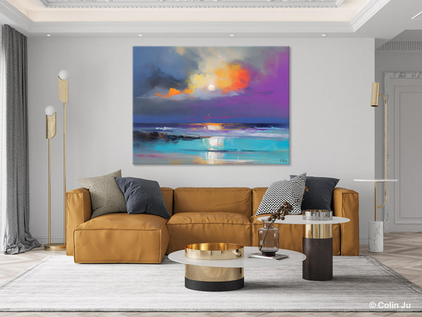 Landscape Painting on Canvas, Hand Painted Canvas Art, Moon Rising from Sea, Contemporary Wall Art Paintings, Extra Large Original Art-Paintingforhome