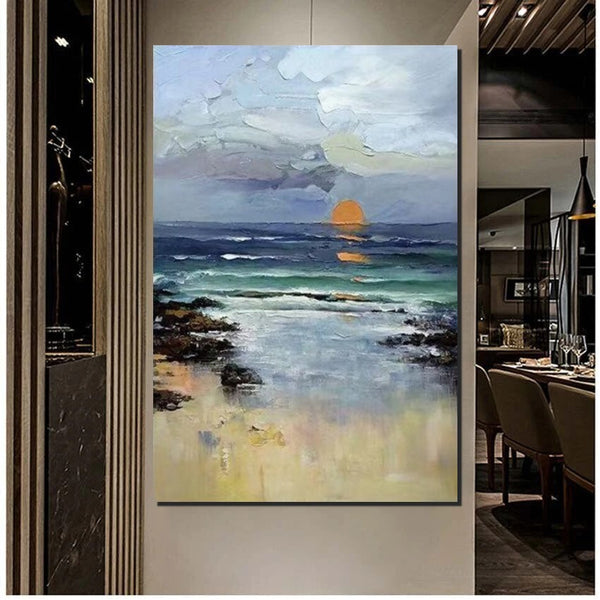 Contemporary Abstract Art for Dining Room, Seashore Sunrise Paintings, Living Room Canvas Art Ideas, Large Landscape Painting, Simple Modern Art-Paintingforhome