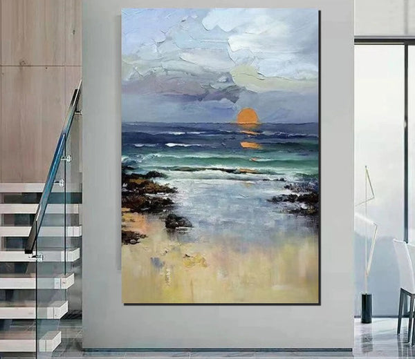 Contemporary Abstract Art for Dining Room, Seashore Sunrise Paintings, Living Room Canvas Art Ideas, Large Landscape Painting, Simple Modern Art-Paintingforhome