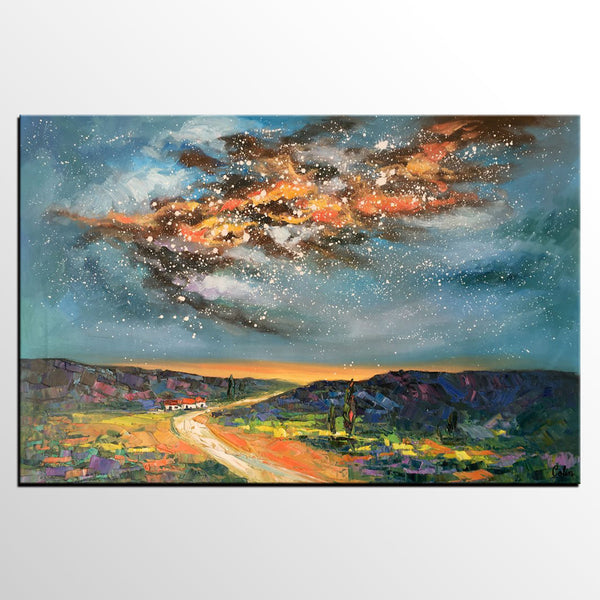 Landscape Oil Paintings, Starry Night Sky Painting, Custom Canvas Artwork, Original Oil Painting on Canvas, Buy Paintings Online-Paintingforhome