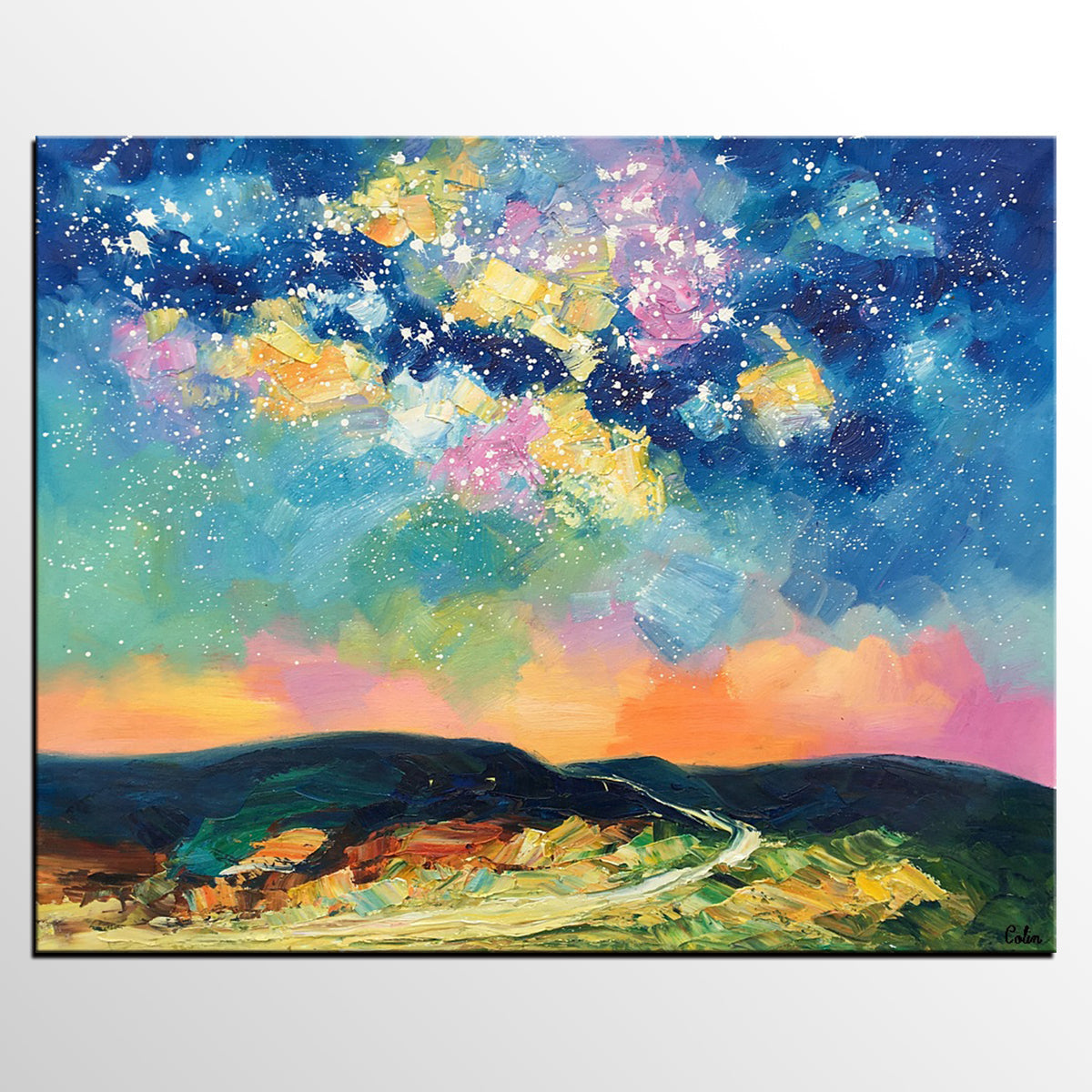 Abstract Landscape Painting, Starry Night Sky Painting, Heavy Texture Painting, Custom Canvas Painting for Sale, Large Painting for Bedroom-Paintingforhome