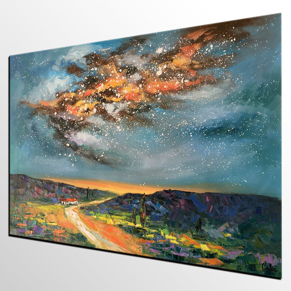 Landscape Oil Paintings, Starry Night Sky Painting, Custom Canvas Artwork, Original Oil Painting on Canvas, Buy Paintings Online-Paintingforhome