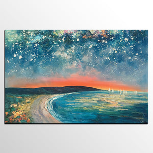 Starry Night Sky Seashore Painting, Abstract Art Painting, Canvas Oil Painting, Heavy Texture Art, Bedroom Wall Art, Landscape Painting, Large Art, Original Art-Paintingforhome