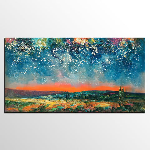 Original Landscape Painting, Starry Night Sky Painting, Bedroom Wall Art Paintings, Custom Original Painting for Sale-Paintingforhome