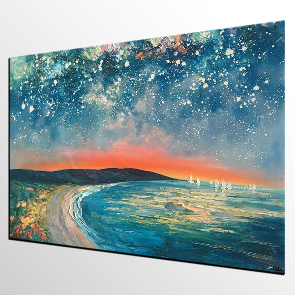 Starry Night Sky Seashore Painting, Abstract Art Painting, Canvas Oil Painting, Heavy Texture Art, Bedroom Wall Art, Landscape Painting, Large Art, Original Art-Paintingforhome