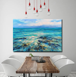 Abstract Landscape Paintings, Blue Sea Wave Painting, Landscape Canvas Paintings, Seascape Painting, Acrylic Paintings for Living Room, Hand Painted Canvas Art-Paintingforhome