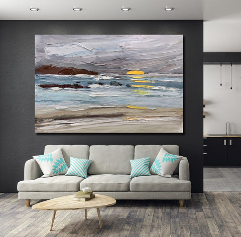 Abstract Landscape Paintings, Landscape Canvas Paintings, Seashore Sunrise Painting, Acrylic Paintings for Living Room, Large Simple Modern Art-Paintingforhome