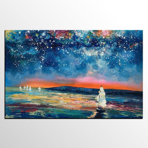 Canvas Painting, Abstract Art for Sale, Sail Boat under Starry Night Sky Painting, Custom Art, Buy Art Online-Paintingforhome