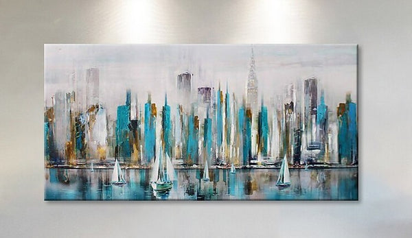 Sail Boat Painting, Cityscape Painting, Abstract Landscape Art, Wall Art Paintings, Simple Modern Paintings for Living Room-Paintingforhome