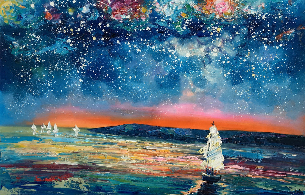 Landscape Oil Paintings, Sail Boat under Starry Night Sky Painting