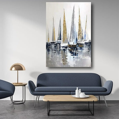 Boat Paintings, Palette Knife Paintings, Simple Modern Art, Large Paintings for Living Room, Hand Painted Canvas Art-Paintingforhome