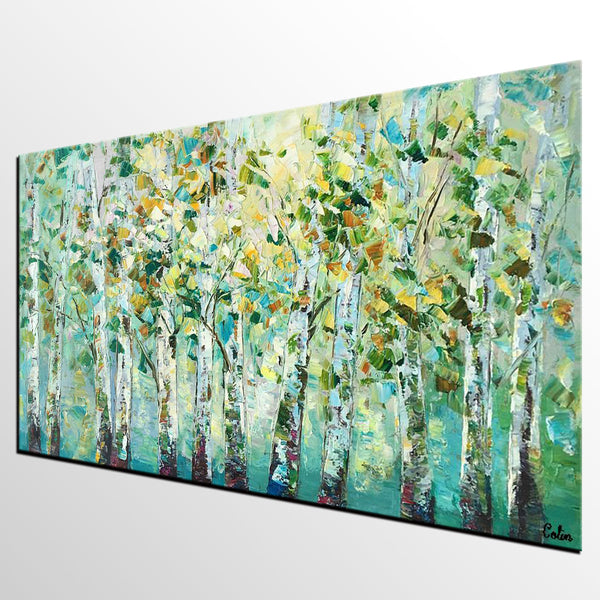 Birch Tree Painting, Abstract Autumn Painting, Heavy Texture Painting, Custom Landscape Painting-Paintingforhome