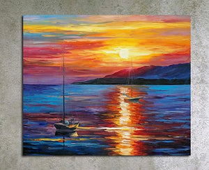 Boat Paintings, Simple Modern Art, Paintings for Living Room, Sunrise Painting, landscape Canvas Painting, Hand Painted Canvas Painting-Paintingforhome