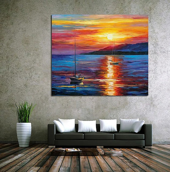 Boat Paintings, Simple Modern Art, Paintings for Living Room, Sunrise Painting, landscape Canvas Painting, Hand Painted Canvas Painting-Paintingforhome