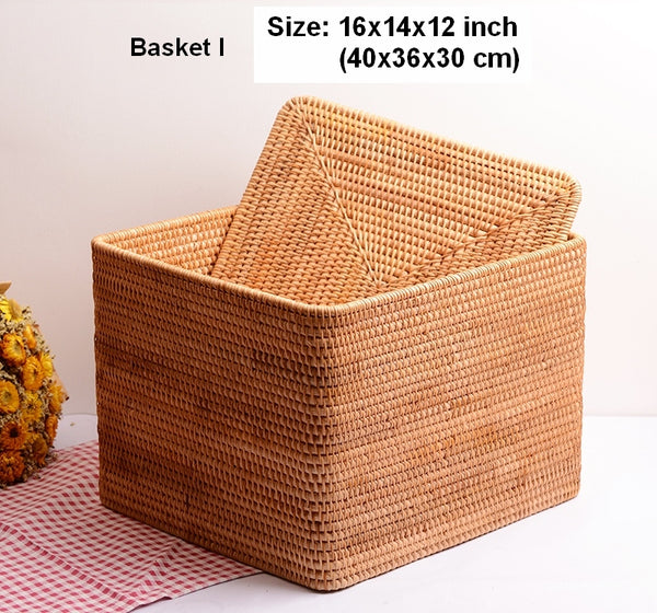 Woven Storage Baskets, Rectangular Storage Basket with Lid, Large Storage Basket for Clothes, Storage Baskets for Shelves, Kitchen Storage Baskets-Paintingforhome