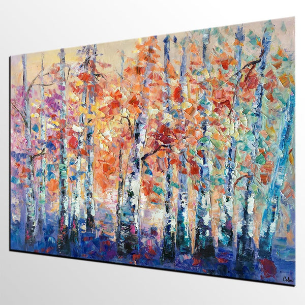 Palette Knife Paintings, Autumn Tree Landscape Paintings, Custom Canvas Painting for Dining Room, Landscape Canvas Paintings, Heavy Texture Painting-Paintingforhome