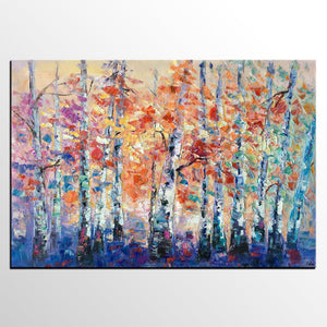 Palette Knife Paintings, Autumn Tree Landscape Paintings, Custom Canvas Painting for Dining Room, Landscape Canvas Paintings, Heavy Texture Painting-Paintingforhome