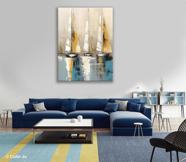 Large Painting Ideas for Living Room, Large Original Canvas Art for Bedroom, Sail Boat Canvas Painting, Modern Abstract Wall Art Paintings-Paintingforhome