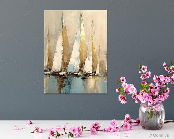 Sail Boat Abstract Painting, Landscape Canvas Paintings for Dining Room, Acrylic Painting on Canvas, Original Landscape Abstract Painting-Paintingforhome